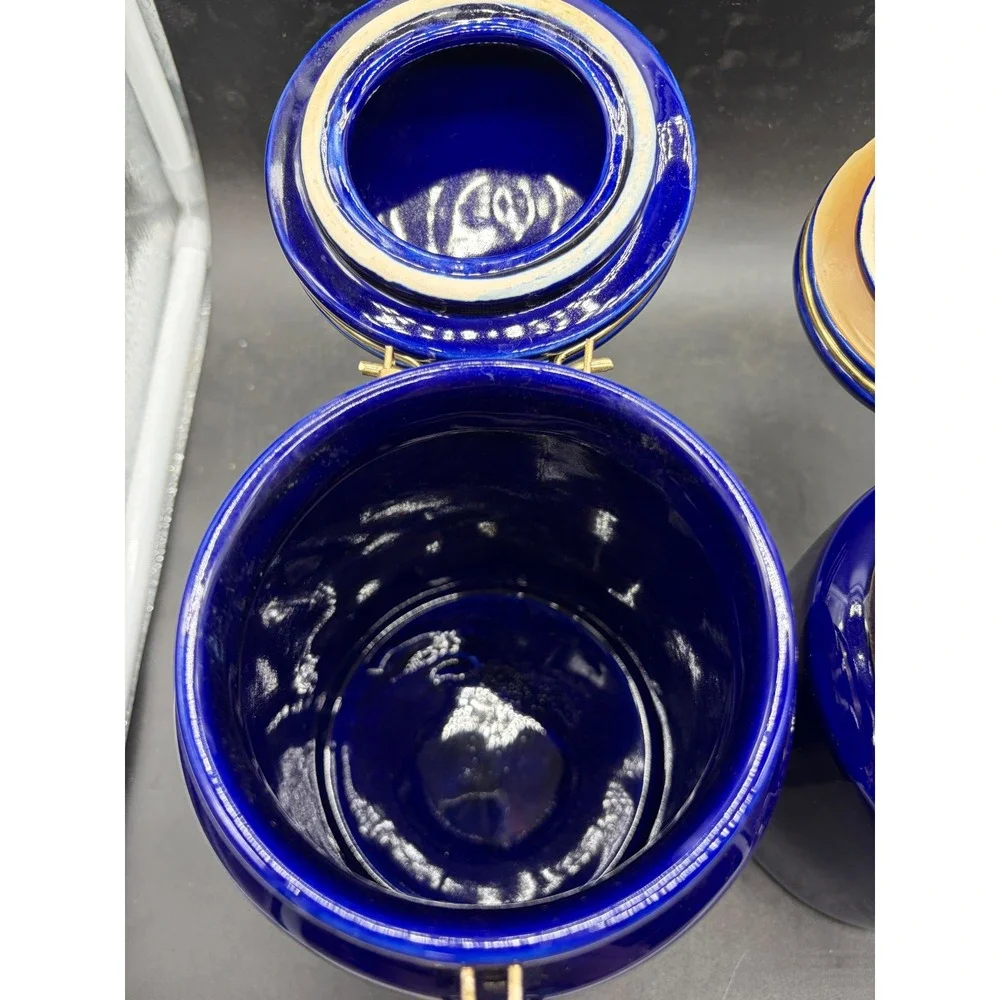 SAC Cobalt Blue Ceramic Canister Set 2 Piece Glossy Gold Tone Clamp Lid Storage